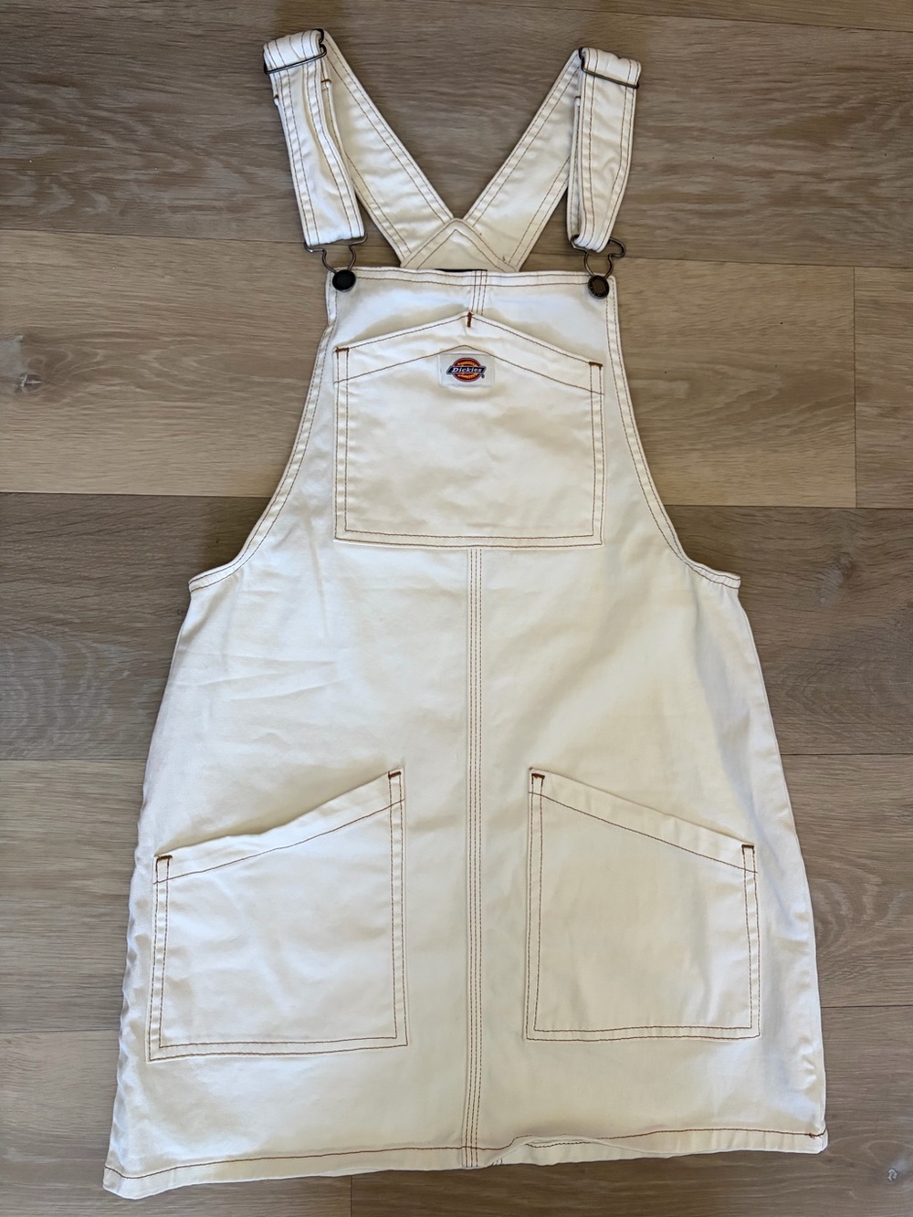 Dickies White Overall Mini Dress XS Contrast Stitch Utility Workwear
